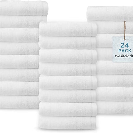 Welhome James 100% Cotton Textured Stripe Towels - 24 Pack Washcloths, Soft & Absorbent, White