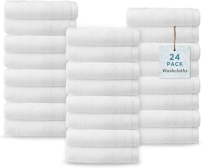 Welhome James 100% Cotton Textured Stripe Towels - 24 Pack Washcloths, Soft & Absorbent, White