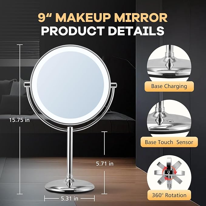 15x Makeup Mirror with Light, Lighted Vanity Mirror with 3 Color Brightness Adjustable, 360°Rotation Double Side Bathroom Mirror -Chrome