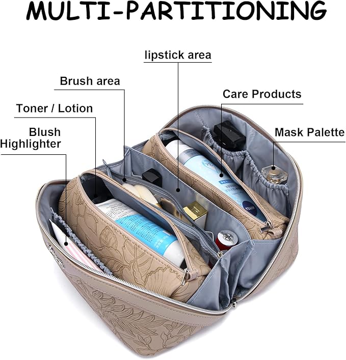 BOYATU Travel Makeup Bags Cosmetic Organizer Bag: 3-Set Large Capacity Make up Bag - PU Leather Toiletry Bags for Women - Wide Open Portable Pouch with Divider & Handle (02-Light Brown)