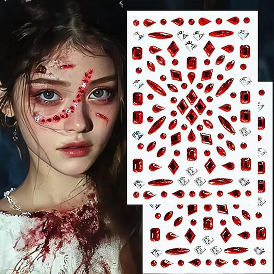 Red Face Gems, Halloween Face Rhinestone Makeup Festival Face Jewels, Zombie Gunshot Wound Fake Hole Scar Blood Scars Stick On Gems, Self-Adhesive Rhinestone Set for Halloween Makeup