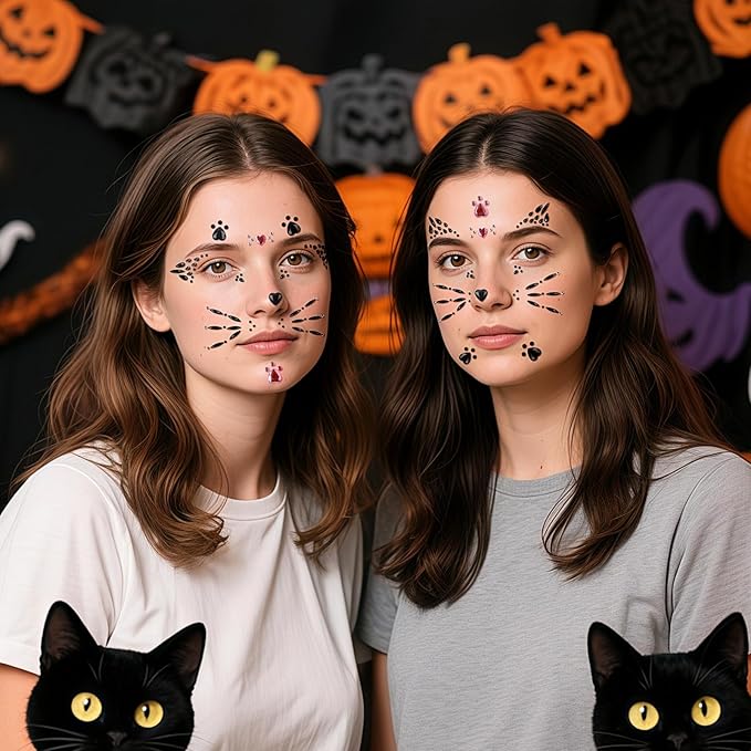 Crystal Cat Face Jewels with Pink Cat Print Gems - Face Jewels for Women & Kids - Cat Whiskers Costume Accessory