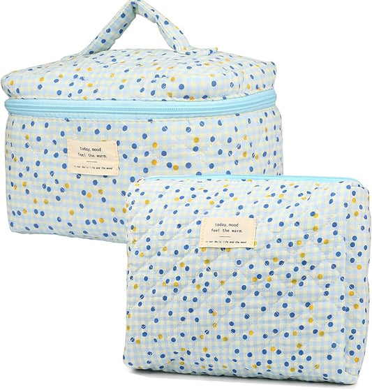 VIWIME Makeup Cosmetic Bag, Large Cotton Quilted Travel Coquette Aesthetic Cute Floral Make up Bag for Women Toiletry Bag Organizer(Blue Point/2Pcs)