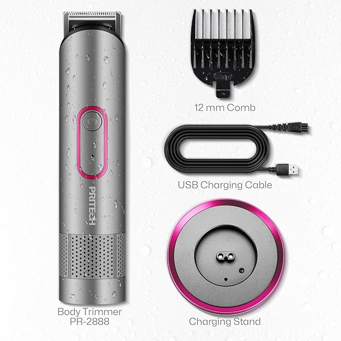 PRITECH Bikini Trimmer for Women - Rechargeable Pubic Hair Trimmer Women for Sensitive Skin, Wet & Dry Use, Pain-Free Electric Razor&Shaver with Standing Recharge Dock, Ideal Gift, Slate Grey