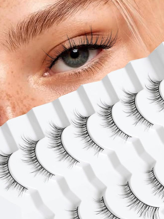 Natural Eyelashes 10MM Short Lashes Cat Eye Lashes Wispy False Eyelashes Manga Lashes Soft Strip Lashes 3D Volume Lashes Fake Eyelashes 7 Pair Siligli