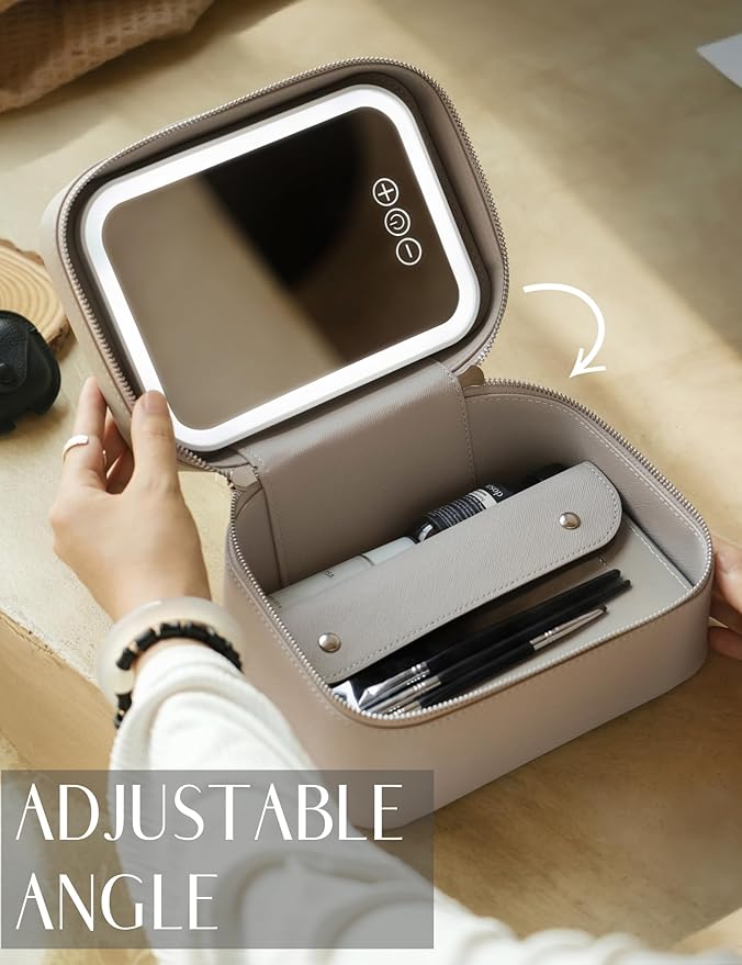 Popvibe Travel Makeup Case with Mirror and Light Up Vanity Case Make Up Bag Set with Brush Holder Srorage, Leather Cosmetic Case Compact Luxury Small Train Case with Handle, Portable Makeup Box Cute