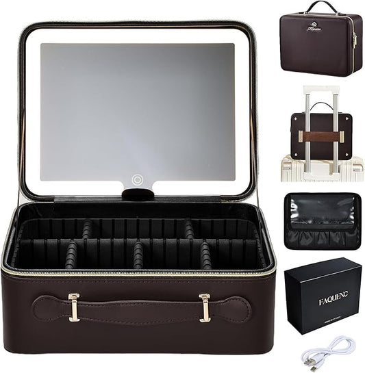 Leather Makeup Case with LED Lighted Mirror 11.4 Inch Travel Makeup Bag Adjustable Brightness in 3 Colors Cosmetic Organizer Artist Storage Bag with Dividers Brush Holder Bag Vanity Dark Brown