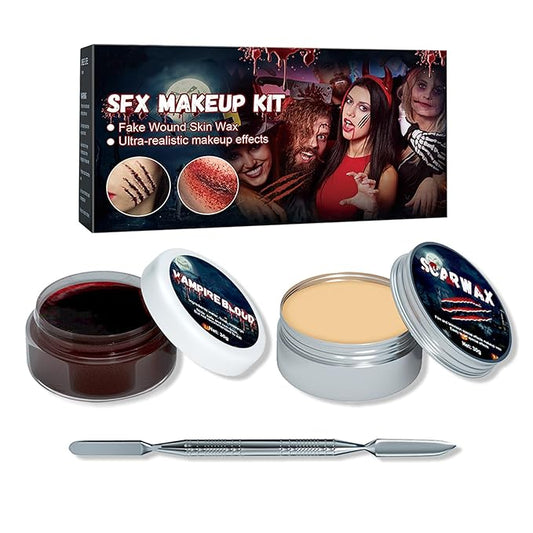 Scar Wax and Fake Blood Gel Set Scar Wax Kit with Spatula for Wound Modeling Skin Wax Fake Nose SFX Zombie Vampire Cosplay Makeup Halloween Special Effects Makeup