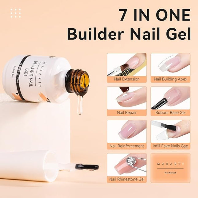 Makartt Clear Builder Nail Gel, 7 in 1 Gel Nail Polish Rubber Base Coat Hard UV Light Strengthener Extension Thickening Rhinestone Soak Off Builder for Broken Nails Repair, 1 Bottle 15ml