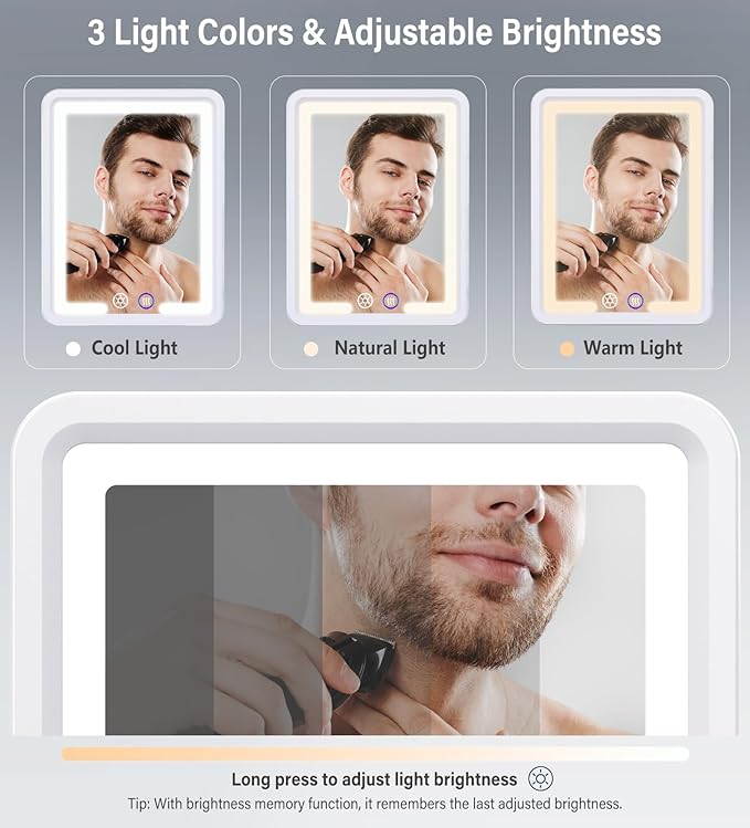 Shinowa Heated Shower Mirror Fogless for Shaving, 360° Adjustable Lighted Shower Mirror with 3 Color Modes, Rechargeable Anti Fog Shaving Mirror with Large Storage Tray & Razor Holder, White