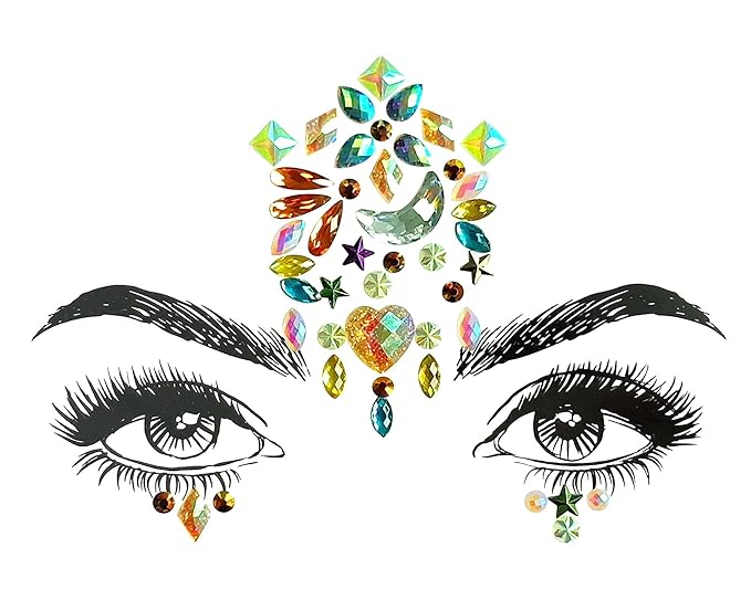 Musical Ruby Face Jewels - Rave Crystal Gems, Glitter Party Tattoos (8 Pcs)