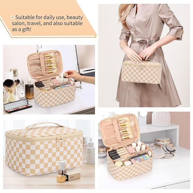 OCHEAL Makeup Bag,Travel Makeup Organizer Case, Large Capacity Cosmetic Bags for Wome Travel Toiletry Bag for Girls Traveling With Brush Slot And Divider-Plaid Beige