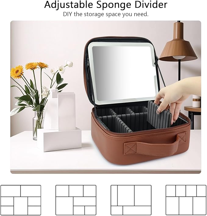 Travel Makeup Bag with LED Mirror Travel Makeup Organizer with 3 Lighted Settings, Adjustable Dividers and Makeup Brush Storage Bag Dark Brown