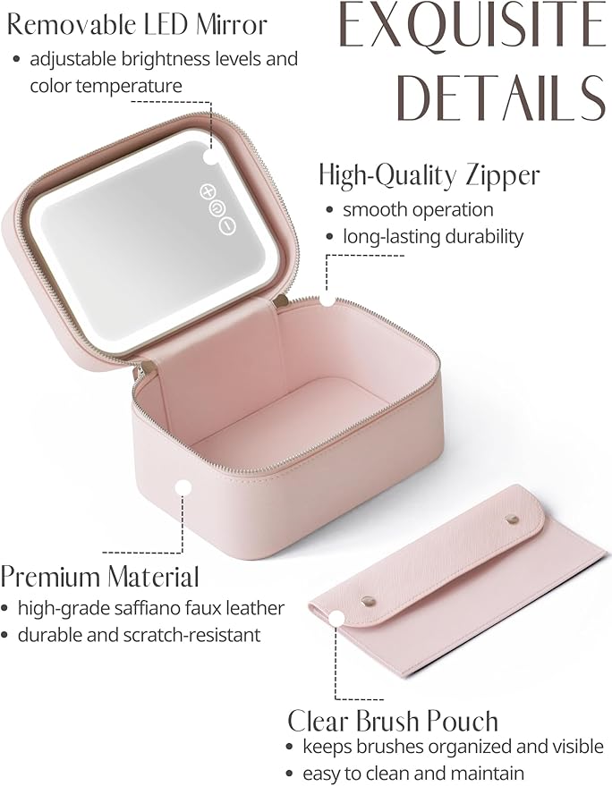 Popvibe Makeup Case with Mirror Lighted Up Travel Vanity Make Up Bag Set with Brush Storage, Pink Leather Cosmetic Bag Compact Traveling Small Train Case Luxury Travel Essentials Portable Makeup Box