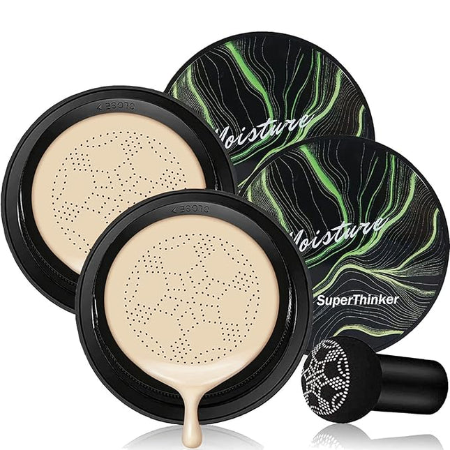 Air Cushion CC Cream Mushroom Head Foundation Makeup, BB Cream Face Makeup Foundation for Mature Skin, Moisturizing Natural Coverage, Tattoo cover up, Even Skin Tone for All Skin Types (2PCS Ivory)