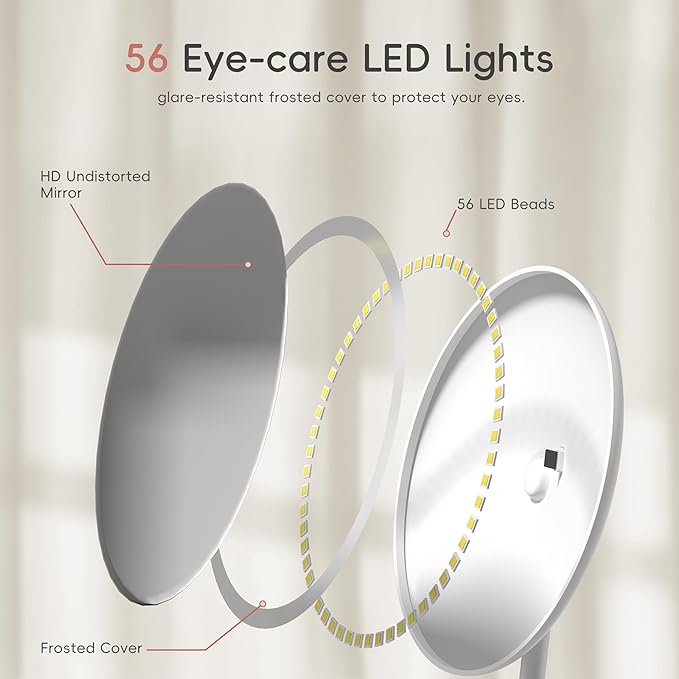 Yls Rechargeable Lighted Makeup Mirror with 1x/10x Detachable Magnification, Vanity Mirror with 3 Color Adjustable Lighting,Qi-Enabled Charging,and 360 °Rotating Design