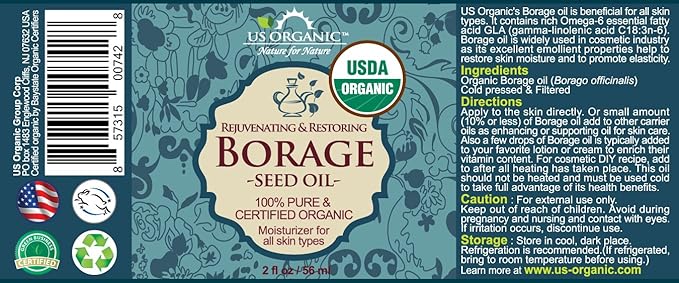 US Organic Borage seed Oil (18% GLA), USDA Certified Organic, 100% Pure & Natural, Cold Pressed, aka Starflower oil, in Amber Glass Bottle w/Eye dropper for Easy Application (2 oz (56 ml))