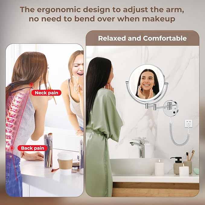 Rocollos 9" Plug-in Wall Mounted Lighted Makeup Mirror 1X/10X Magnification, Super Large Double Sided LED Vanity Mirror for Bathroom, 3 Color Dimmable 360°Swivel Extendable Shaving Cosmetic Mirror