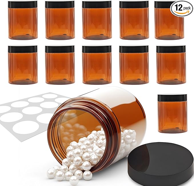12 Pack 8 oz Amber Plastic Jars with Lids and Labels, Refillable Round Empty Brown Cosmetic Containers, Reusable Leak Proof Airtight Jars for Lotion Cream Body Butter Ointment Travel Storage
