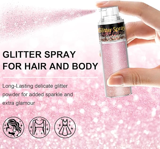 Hair and Body Glitter Spray, 1PC Sparkling Pink Glitter Dry Powder Makeup for Clothes, Festival Rave Prom Loose Sparkle Powder,Holographic Ultra Fine Resin Glitters for Crafts(Pink)