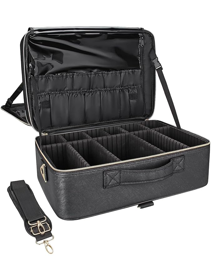 Relavel Extra Large Makeup Bag, Makeup Case Professional Makeup Artist Kit Train Case Travel Cosmetic Bag Brush Organizer, Waterproof Leather Material, with Adjustable Shoulder Straps and Dividers
