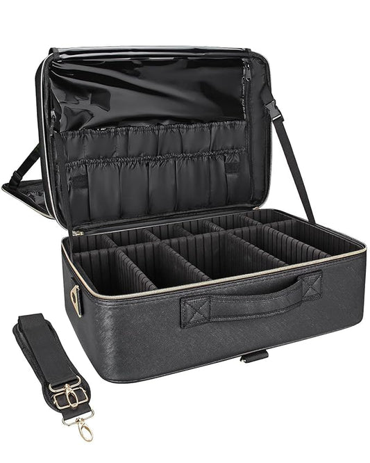 Relavel Extra Large Makeup Bag, Makeup Case Professional Makeup Artist Kit Train Case Travel Cosmetic Bag Brush Organizer, Waterproof Leather Material, with Adjustable Shoulder Straps and Dividers