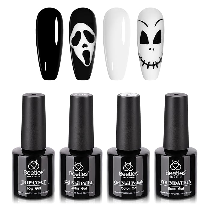 Beetles Gel Nail Polish Set - 4Pcs White Black Gel Polish Set with No Wipe Top&Base Coat Nail Polish Set Soak Off UV LED Lamp Manicure Salon DIY Home Halloween Gifts for Her Women