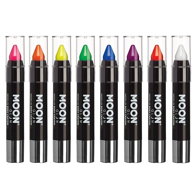 Moon Glow - Blacklight Neon Face Paint Stick / Body Crayon makeup for the Face & Body - Intense set of 8 colours - Glows brightly under blacklights