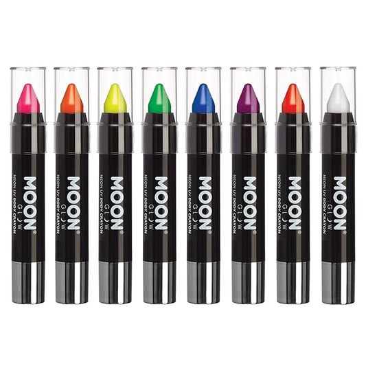 Moon Glow - Blacklight Neon Face Paint Stick / Body Crayon makeup for the Face & Body - Intense set of 8 colours - Glows brightly under blacklights
