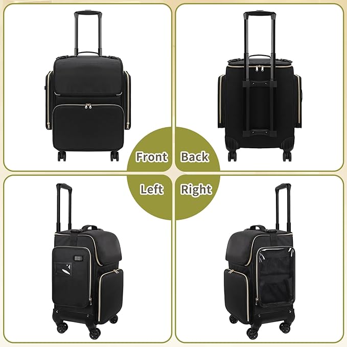 OCHEAL Hairstylist Traveling Case with 4 Clear Travel Makeup Bags Set, Cosmetic Makeup Trolley Train Case Hairdresser Case with Detachable Pouch & 360° Rotatable Wheels for HairdressingTool Organizer