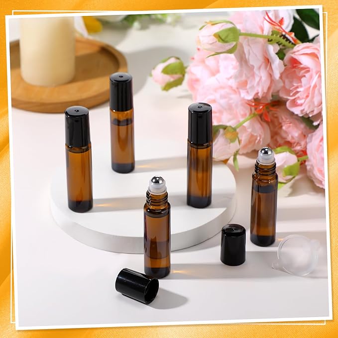 Sumind 150 Pcs Essential Oil Roller Bottles 10 ml Glass Empty Roll on Bottles with Stainless Steel Balls Leak Proof with 5 Funnel for Travel Essential Oil(Amber)