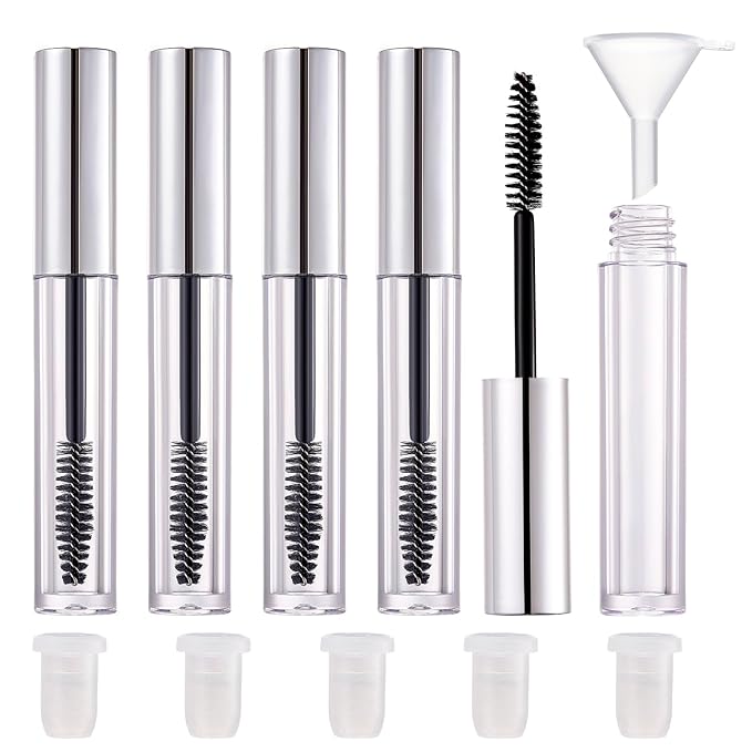 5 Pack Empty Mascara Tube, 2.5ml Transparent Reusable Eyelash Cream Container Bottle DIY Makeup Vials Cosmetic Tool for Castor Oil/Eyelash Growth Oil/Mascara with 5 Rubber Inserts, 1 Funnel