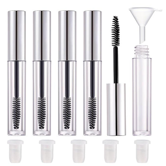 5 Pack Empty Mascara Tube, 2.5ml Transparent Reusable Eyelash Cream Container Bottle DIY Makeup Vials Cosmetic Tool for Castor Oil/Eyelash Growth Oil/Mascara with 5 Rubber Inserts, 1 Funnel