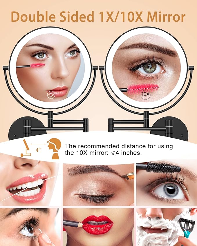 Benbilry 9" Large Wall Mounted Lighted Makeup Mirror, 1X/10X Magnifying Double-Sided AC Pulg-in Powered Bathroom Mirror with 3 Color Lights, Touch Dimmable, Extended Arm 360 Rotation, Black