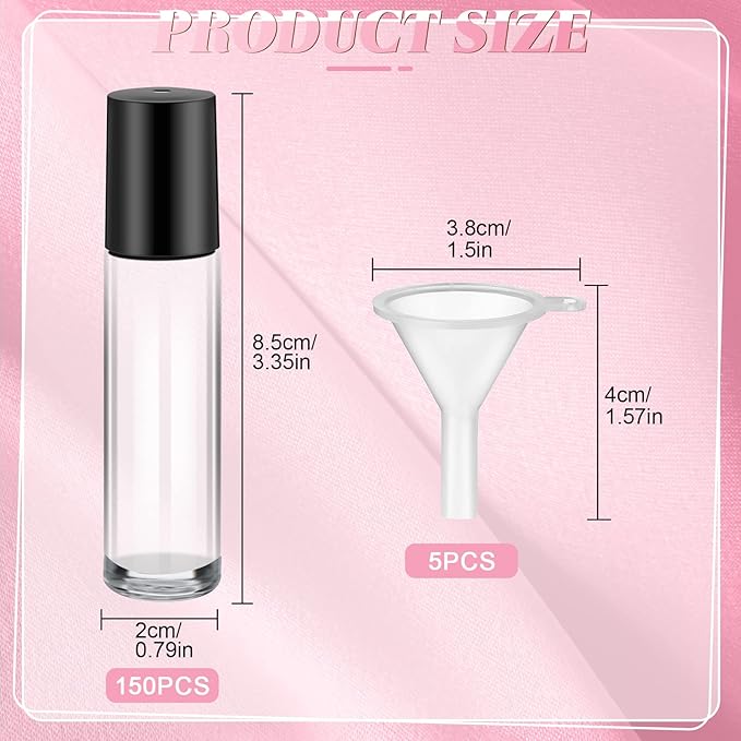 Sumind 150 Pcs Essential Oil Roller Bottles 10 ml Glass Empty Roll on Bottles with Stainless Steel Balls Leak Proof with 5 Funnel for Travel Essential Oil(Clear)