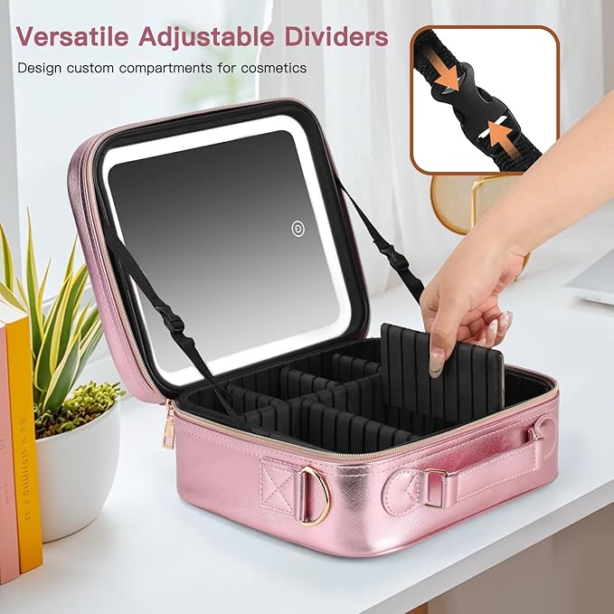 Travel Makeup Bag with LED Mirror, Cosmetic Bags for Women with Light up Mirror, Travel Essentials Makeup Organizer, Makeup Case with Adjustable Dividers and Brush Holder, 3 Color Lights