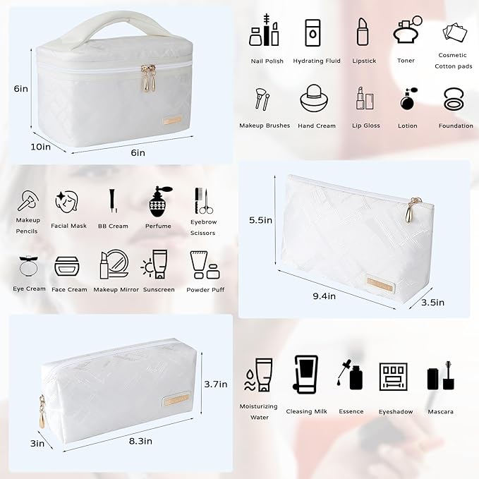 Richeart 3PC Makeup Bag Set, Cationic Jacquard Large Cosmetic Organizer, Back-Coated Solvent-Free Travel Toiletry Bag for Women - White