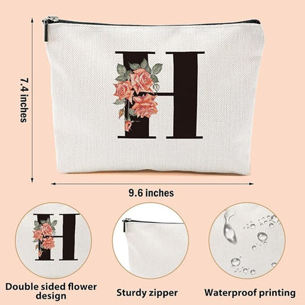 Personalized Makeup Bag, Initial Letter H Makeup Bag for Women Rose Monogram Cosmetic Bags Toiletry Pouch, Monogrammed Gifts for Women Mom Grandma Sister Friends Thanksgiving Christmas Birthday Gift