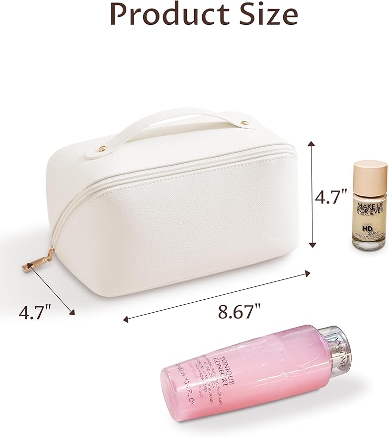Yarnic White Travel Makeup Bag Cosmetic Bag Make Up Pouch, Large Capacity Toiletry Bag for Women, Portable Pouch Cute Make Up Organizer with Divider and Handle, PU Leather