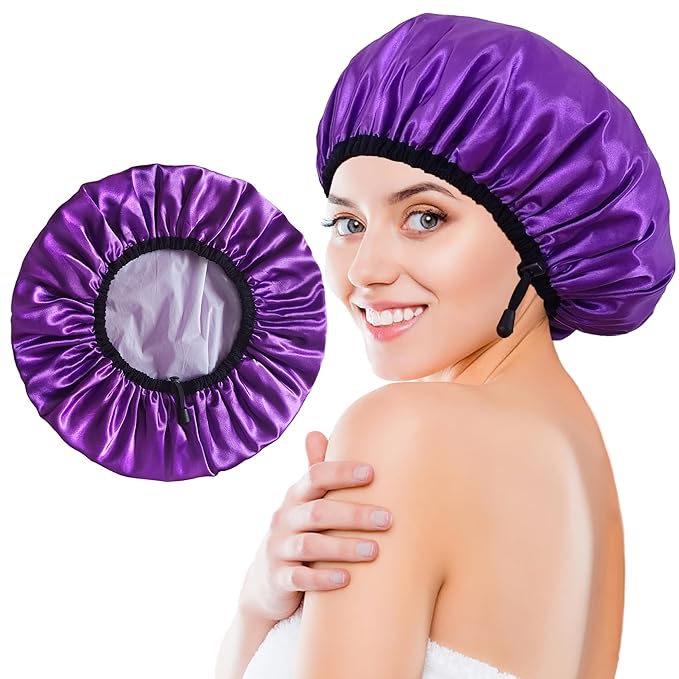 Shower Cap for Women, Large Shower Caps Reusable Waterproof with Elastic Band, Silky Satin Double-layer Bath Cap for Braids Long Hair