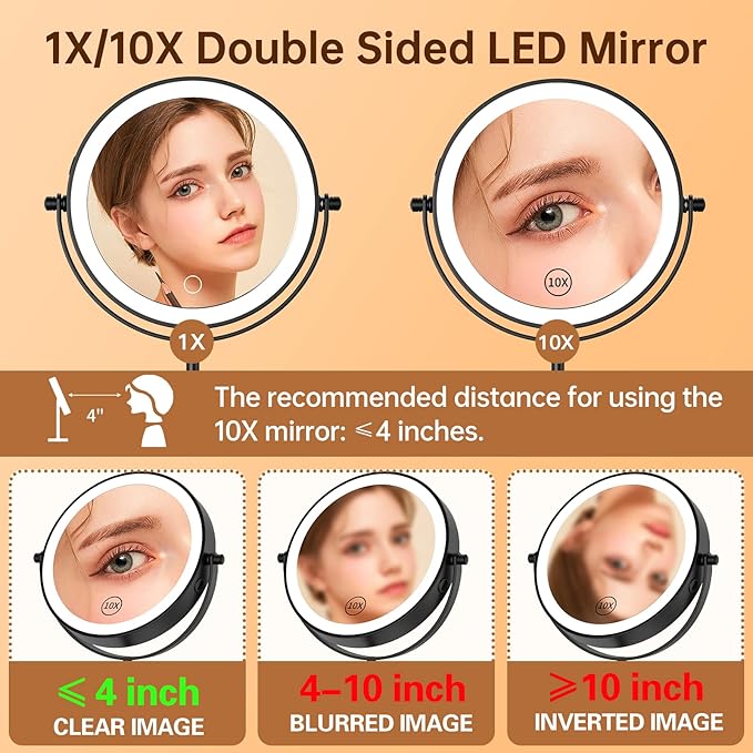 Gospire 7" Lighted Makeup Mirror with Magnification 10X/1X, Height Adjustable & 3 Color Dimmable Lights, 360° Swivel Double Sided Light up Rechargeable LED Cosmetic Vanity Cordless Standing