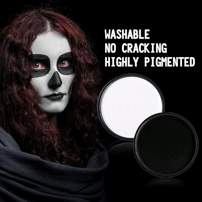 Black + White + Red Face Body Paint, Water-Based Face Painting Kit Professional, Large Capacity SFX Makeup Set with brush & Powder puff, Sponge for Halloween Makeup Clown, Cosplay, Stage