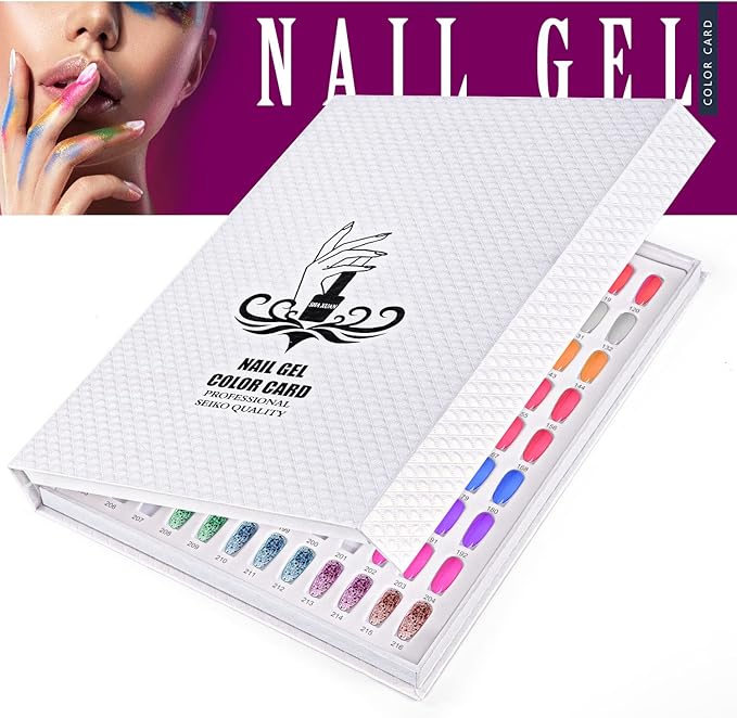 Noverlife Professional 216 Nail Colors Chart, White Nail Gel Polish Display Card Book, Nail Art Salon Nail Design Display Booklet, Nail Color Swatches Nail Practice Card Design Board