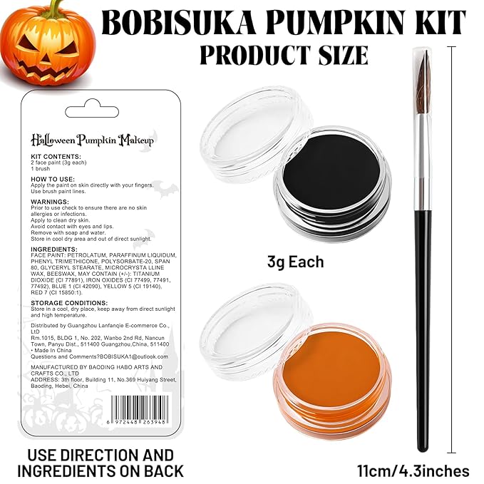 Black Orange Face Paint Pumpkin Halloween Makeup Kit Character Set for Kids Adults, Safe Non-Toxic Cream Face Painting Kit for Costume Party, Dress Up Cosplay, Special Effects Make Up & Stage