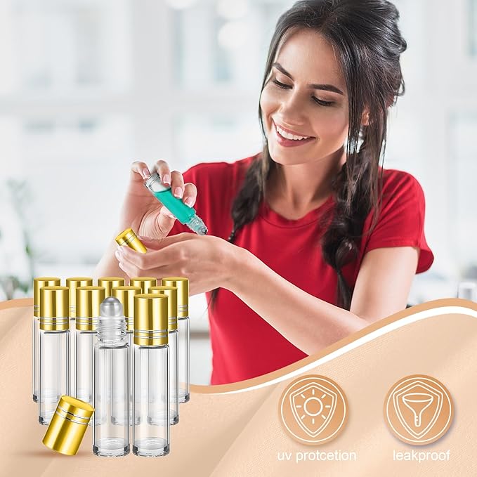 Sumind 150 Pcs Essential Oil Roller Bottles 10 ml Glass Empty Roll on Bottles with Stainless Steel Balls Leak Proof with 5 Funnel for Travel Essential Oil(Gold)
