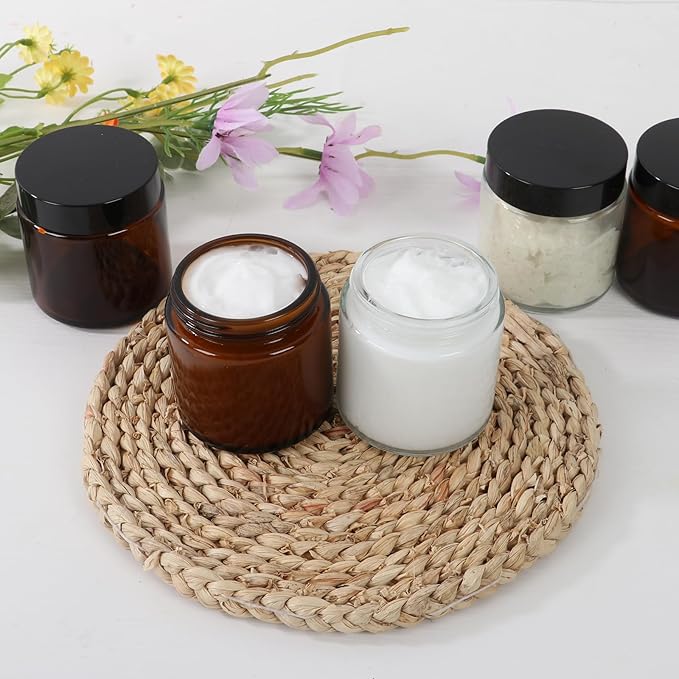 4 oz Clear Round Glass Jars with Black Lids 24 Pack- Portable Empty Glass Containers with Inner Liners for Cosmetic, Food Storage, Body Butters, Body Butter, Candle Jars