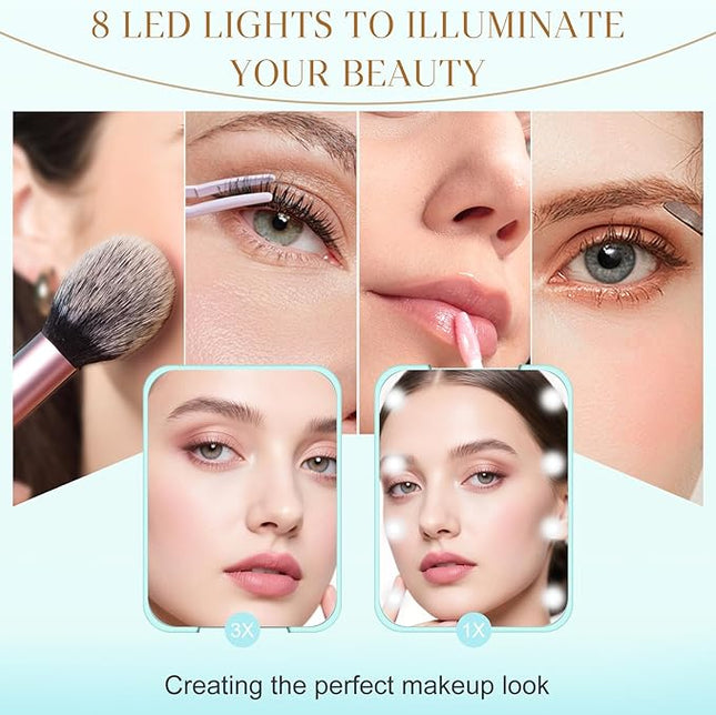 Compact Mirror, 1X/3X Magnification LED Pocket Mirror with Nternal BIattery, Mini Mirror for Purse, Pocket,Travel and Present (Mint Green)