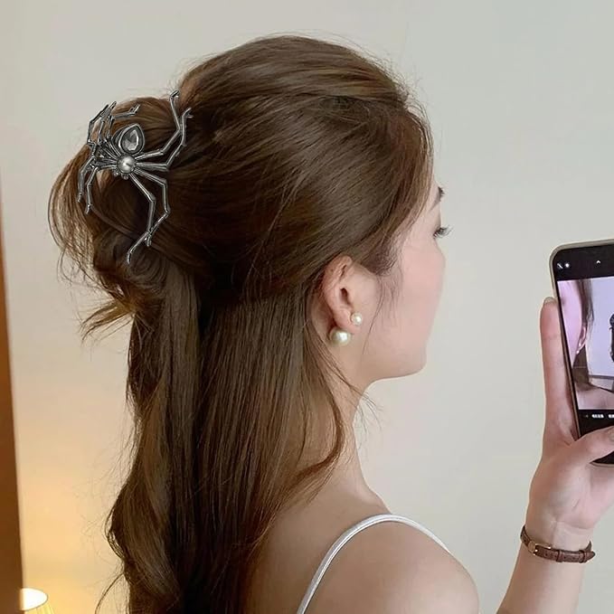 2 Pcs Halloween Hair Claw Clips for Women, Terror Spider Hair Clips, Black & Silver Metal Non-Slip Claw Clips, Gothic Large Hair Claw, Halloween Hair Accessories for Hair Styling, Decorations