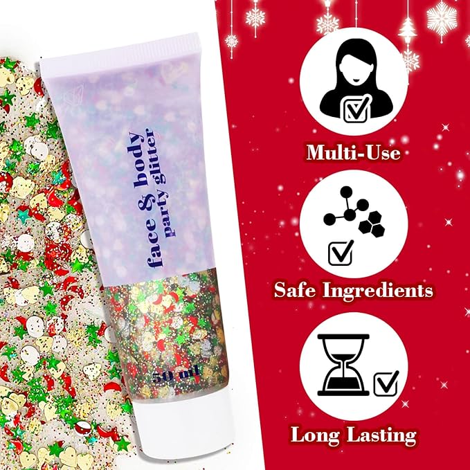 Christmas Makeup Face Glitter Gel,Green Red Body Glitter Gel Rave Accessories,Stocking Stuffers Kids Self-Adhesive Sequins Glitter,Sparkling Festival Party Gift for Women Girls,50ML