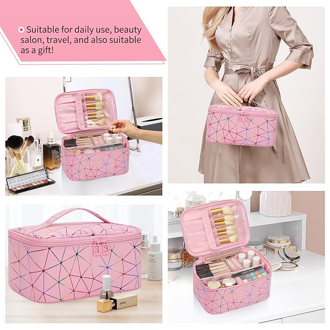 OCHEAL Makeup Bag - Portable Large Capacity Travel Cosmetic Case for Women with Handle and Divider Toiletry Organizer for Girls on the Go -Geometric Pink